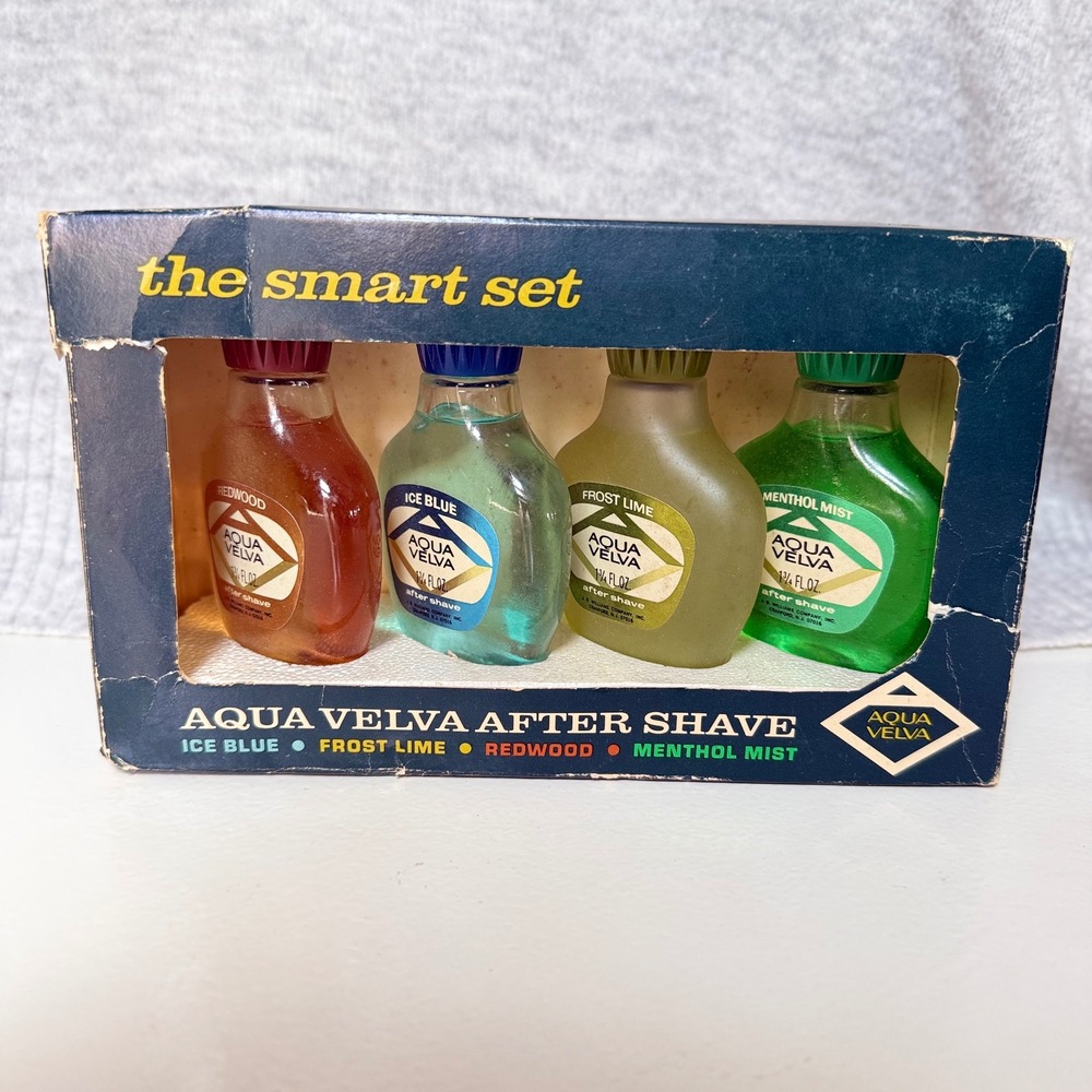 Vintage Aqua Velva The Smart Set After Shave 4 Bottle Gift Set Redwood Lime Blue